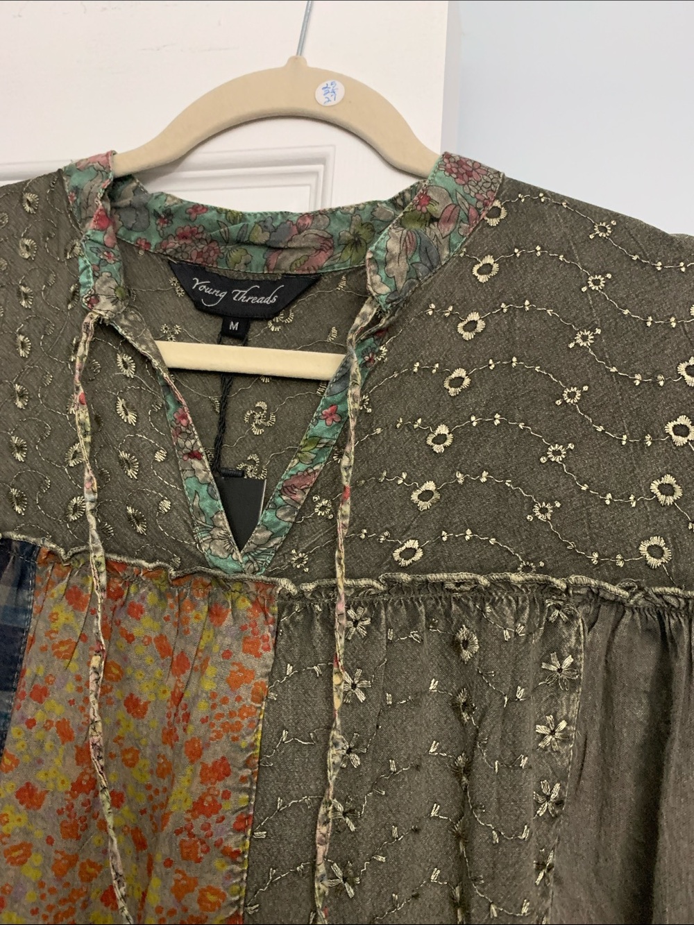 Patchwork Olive Peasant Tunic Top - Picture 2 of 2